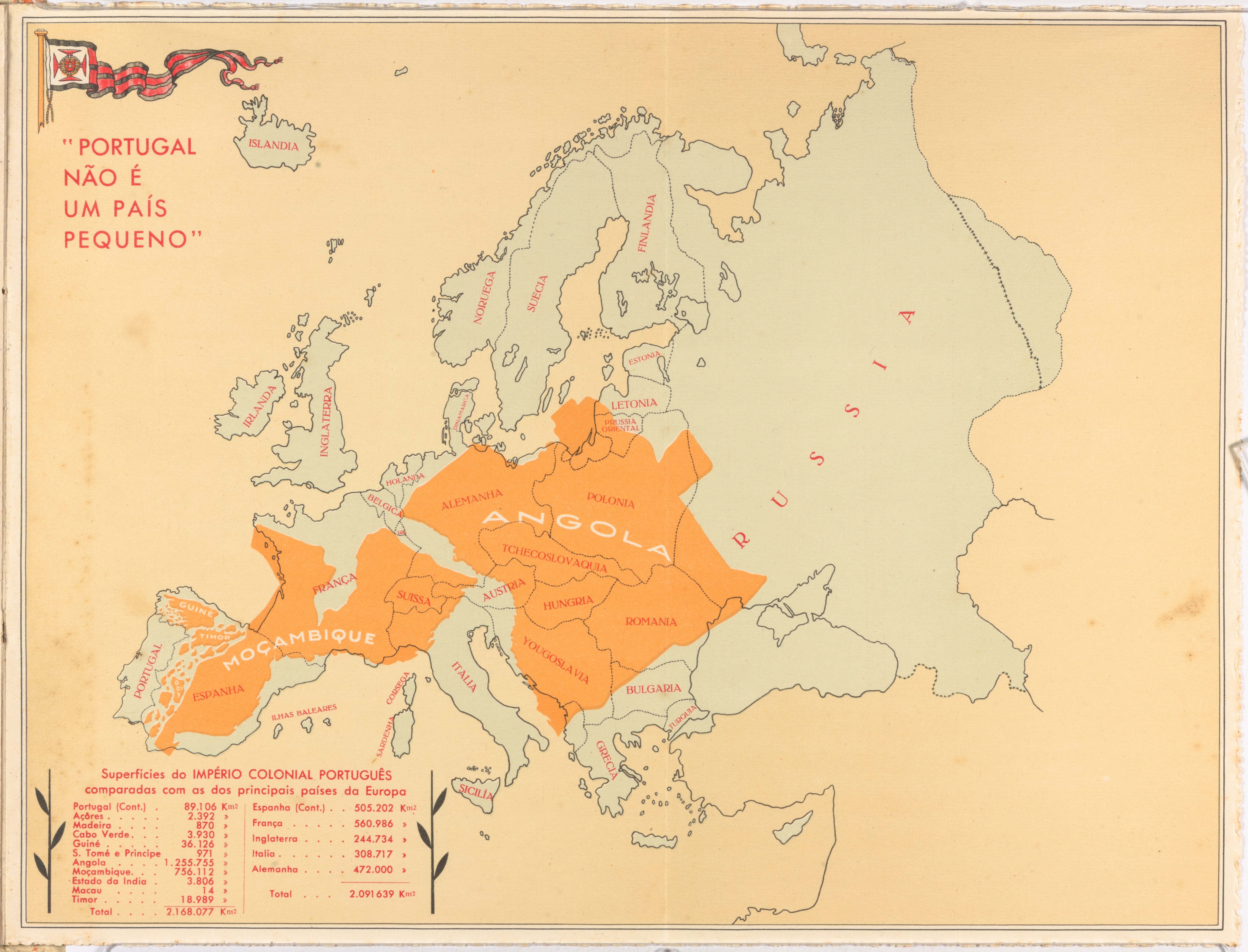 A 1934 map of Europe with Portugal's colonies overlaid.
