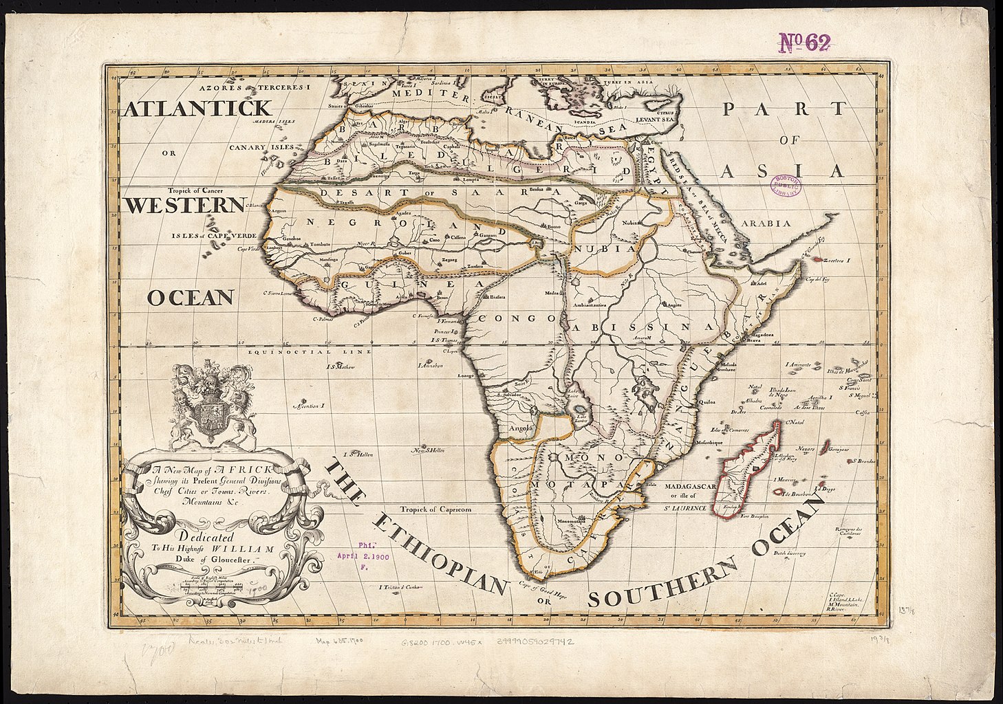 A map from the 1700s detailing Africa, and the language shift between the names of oceans at the time.