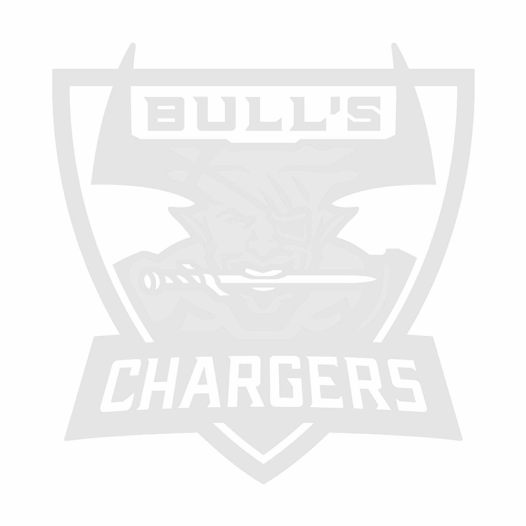 A logo, featuring the Iron Bull holding a knife in his mouth. Around him is text saying, Bull's Chargers.