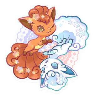 The Pokemon Home Achievement sticker for trading a Vulpix and an Alolan Vulpix. Both forms are featured, in a yin/yang position.